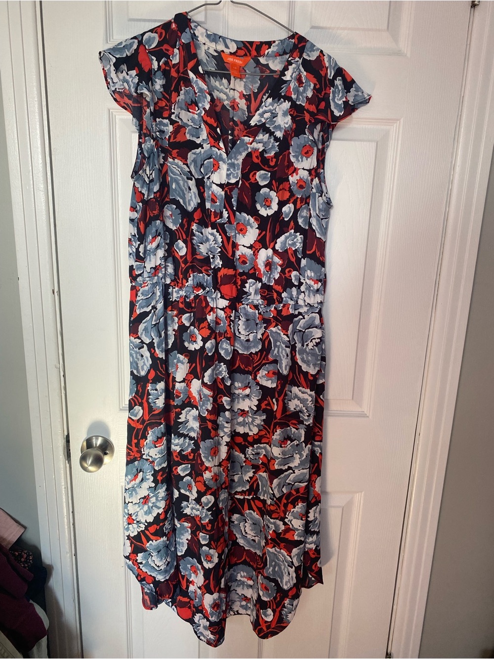 Joe Fresh Blue Red Floral Midi Dress Elastic Waist Size Large